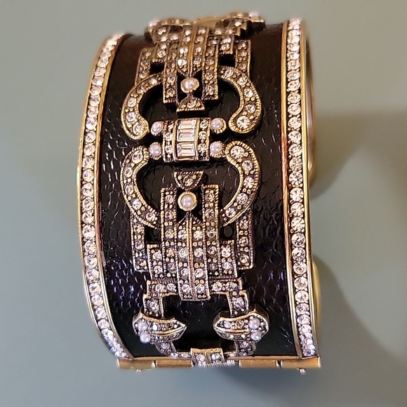 Heidi Daus Black Leather Jeweled Double Hinged Cuff Bracelet Swarovski Crystals - Picture 7 of 8